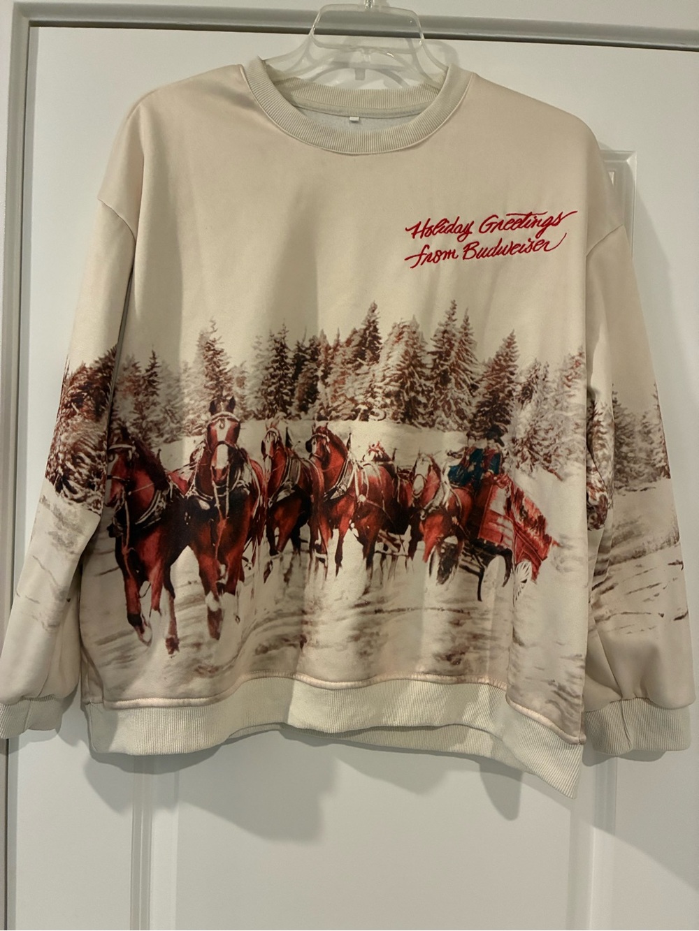 Budweiser Cream Crewneck Sweater with Red Sleigh Team Graphic XL